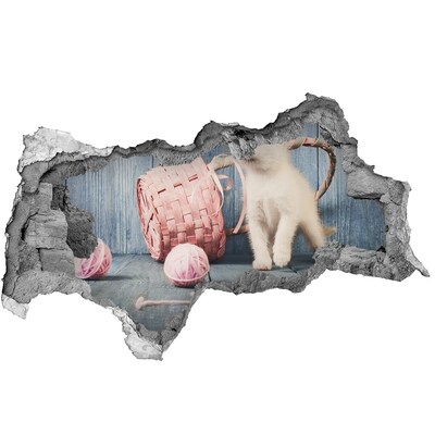 Dziura 3d fototapeta ścienna Biały kot i motki