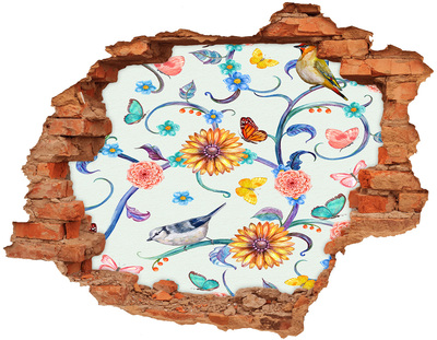 Dziura 3d fototapeta naklejka Kwiaty i ptaki