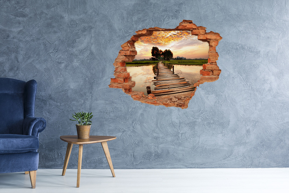 Dziura 3d w ścianie naklejka Drewniany most