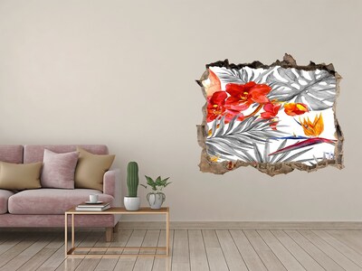 Dziura 3d fototapeta naklejka Flamingi i kwiaty