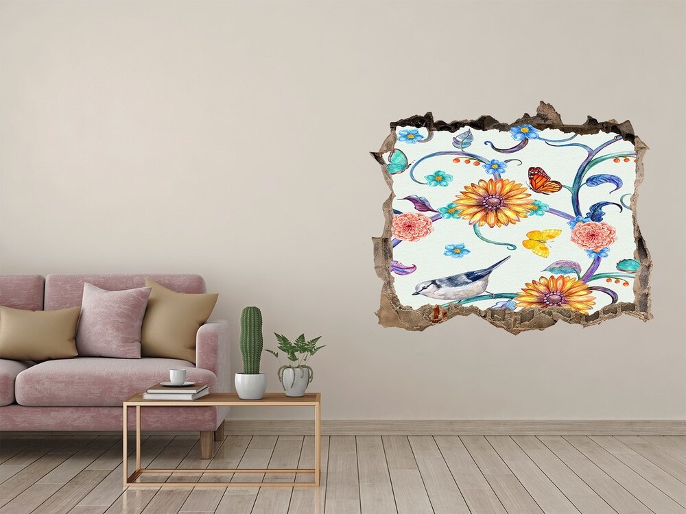 Dziura 3d fototapeta naklejka Kwiaty i ptaki