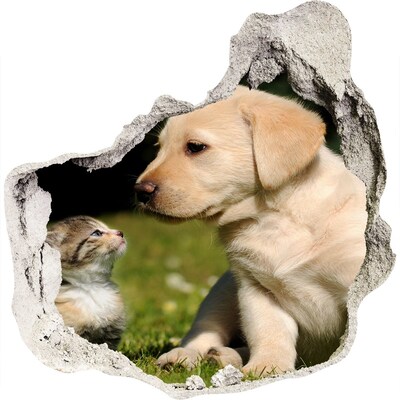 Dziura 3d fototapeta naklejka Pies i kot na łące
