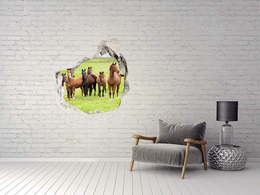 Dziura 3d fototapeta naklejka Stado koni na łące