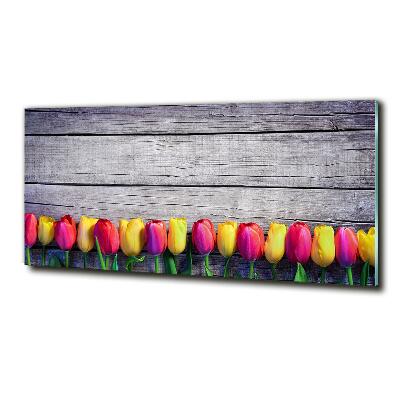 Foto obraz szklany Tulipany na drewnie