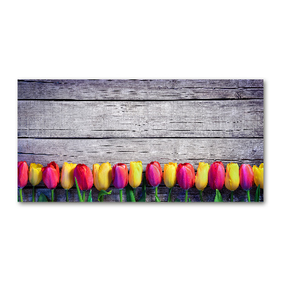 Foto obraz szklany Tulipany na drewnie
