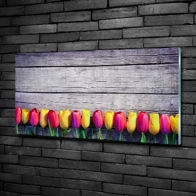 Foto obraz szklany Tulipany na drewnie