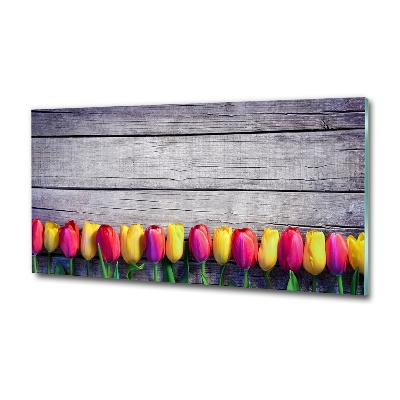 Foto obraz szklany Tulipany na drewnie